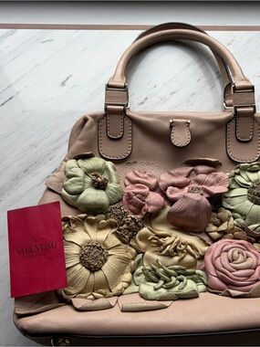 Valentino Garavani Primavera Blush Leather Satchel Pastel Floral Appliqués